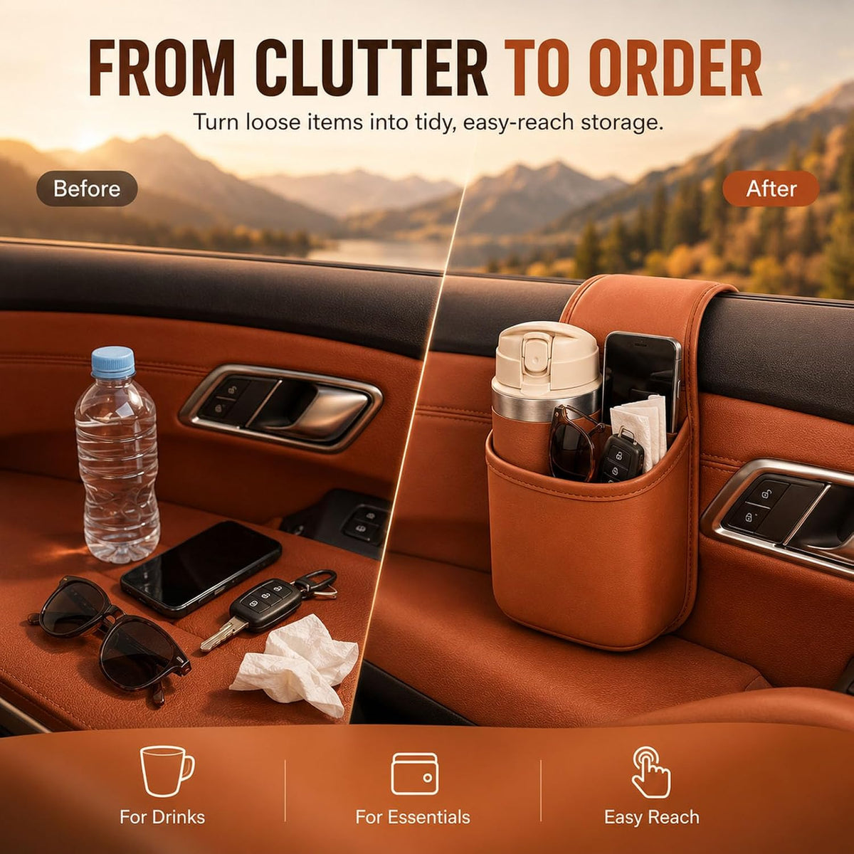 2027 Leather Car Door Cup Holder for Window, Wide-Mouth Organizer for Drinks & Phone (2Orange)