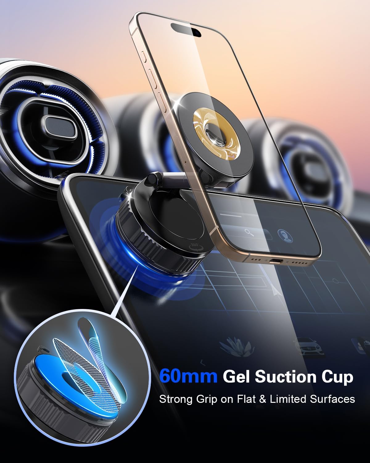 Dashboard Suction Cup Phone Mount for MagSafe iPhone, 360° Magnetic Holder