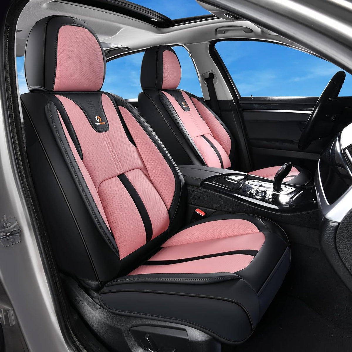 Huidasource Car Seat Covers Front Seats Luxury Nappa Leather, Front Seat Covers with Airbag, Front Storage Pocket, Lumbar Support, Cooling＆Heating, Universal Fit for Most Cars SUV Trucks, Black&Pink