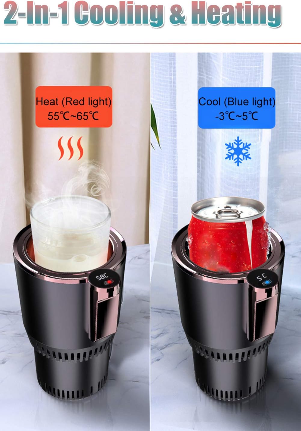 Home & Car Cup Cooler Warmer Quick Electric Cooling Cup -3℃~58℃ Heat and Cold Insulation Drink Cooler Cup Coffee Warmer for Office/Road Trip