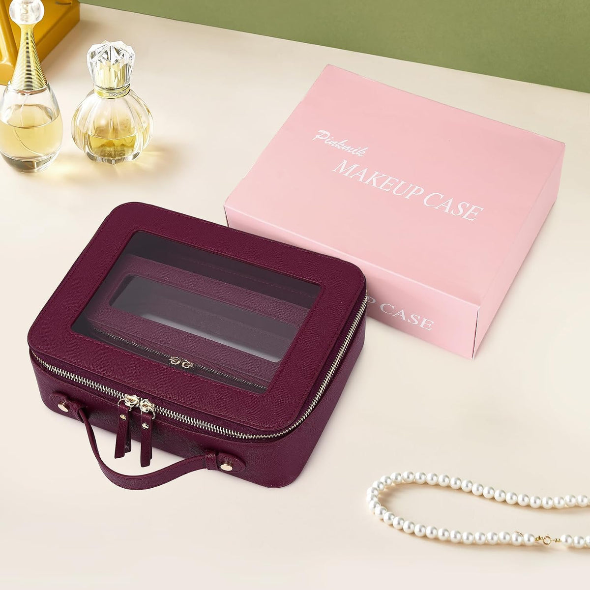 Pinkmik Clear Makeup Bag with Brush Bag, (Burgundy, L+SLIM)