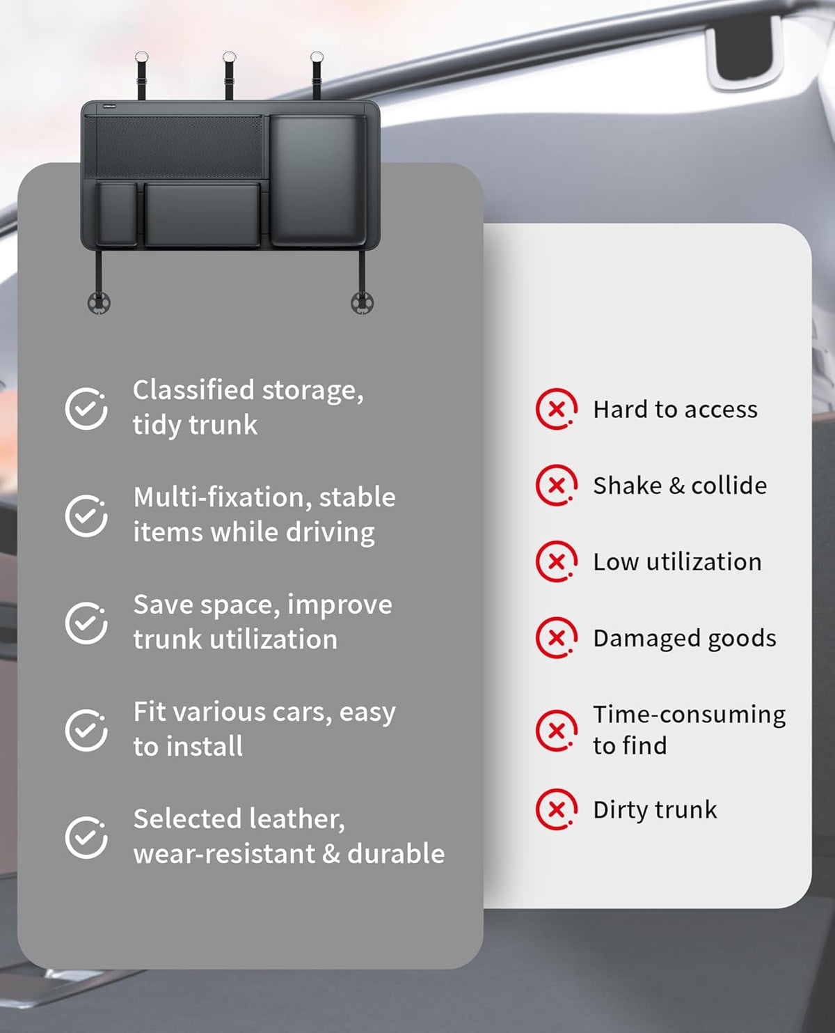 PU Leather Hanging Trunk Organizer, 36in Black | Sturdy Non-Sagging, Tool-Free Install, Fits SUV & Truck, Waterproof Easy Clean, Vertical Backseat Storage