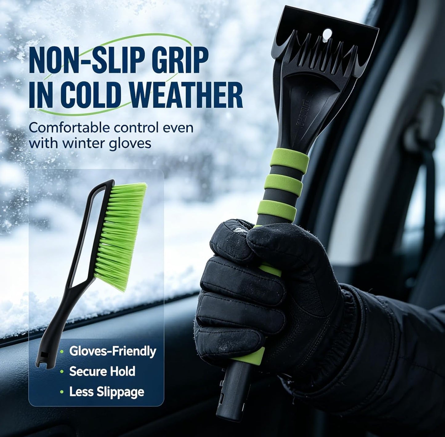 2 Pack Car Snow Removal Kit, Includes 2 Ice Scrapers + 2 Snow Brooms, 14 Inch Dual-Head Winter Car Snow Brush Set with Storage Pouches for Car Windshield Roof Snow Clearing