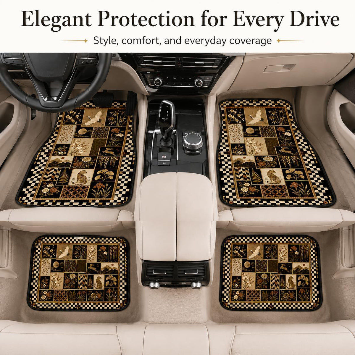 Crane Oriental Patchwork Car Floor Mats 4 Piece Set, Checker Flora Universal Auto Floor Mats for Cars SUVs Trucks, Non-Slip Easy Clean Durable All-Weather Interior Mats