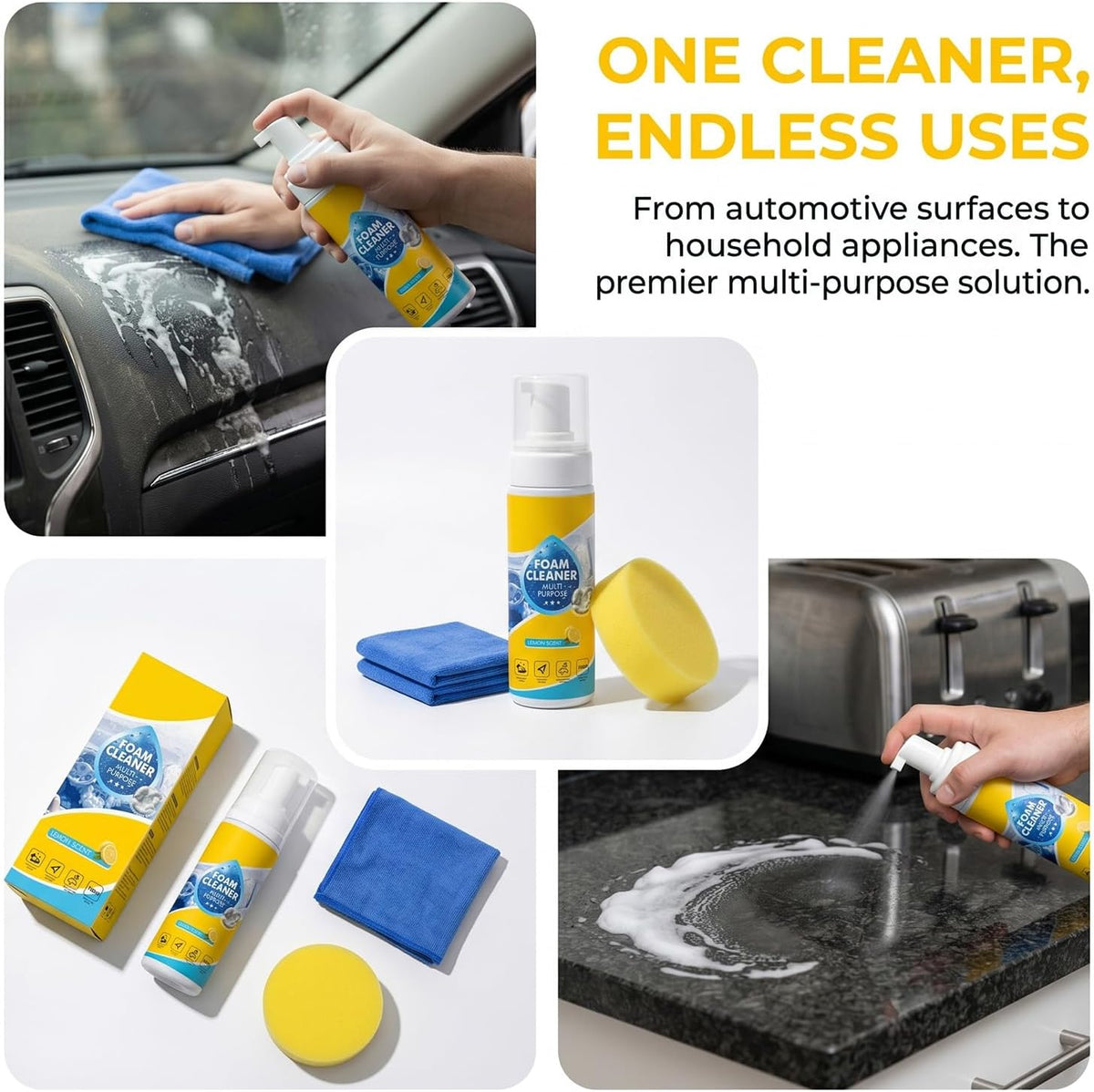 4-in-1 Multi-Enzyme Foam Cleaner, Foam Cleaner all Purpose, Limpiador de Espuma, Foam Cleaner Spray for Car Interior, Kitchen, Bathroom & Sofa, Safe for Leather, Vinyl, Fabric, 5.1 fl oz(2)
