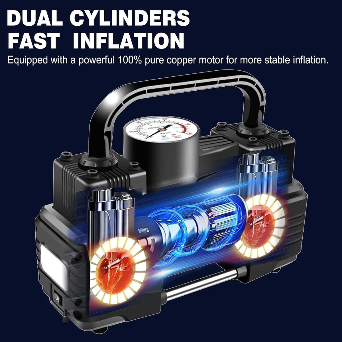 Rapid Inflation Heavy-Duty Portable Dual-Cylinder Tire Inflator with Pressure Gauge - 12V 150PSI Metal Air Compressor (LED Light), Adapters & Storage Bag Included, Fits Cars, RV Tires