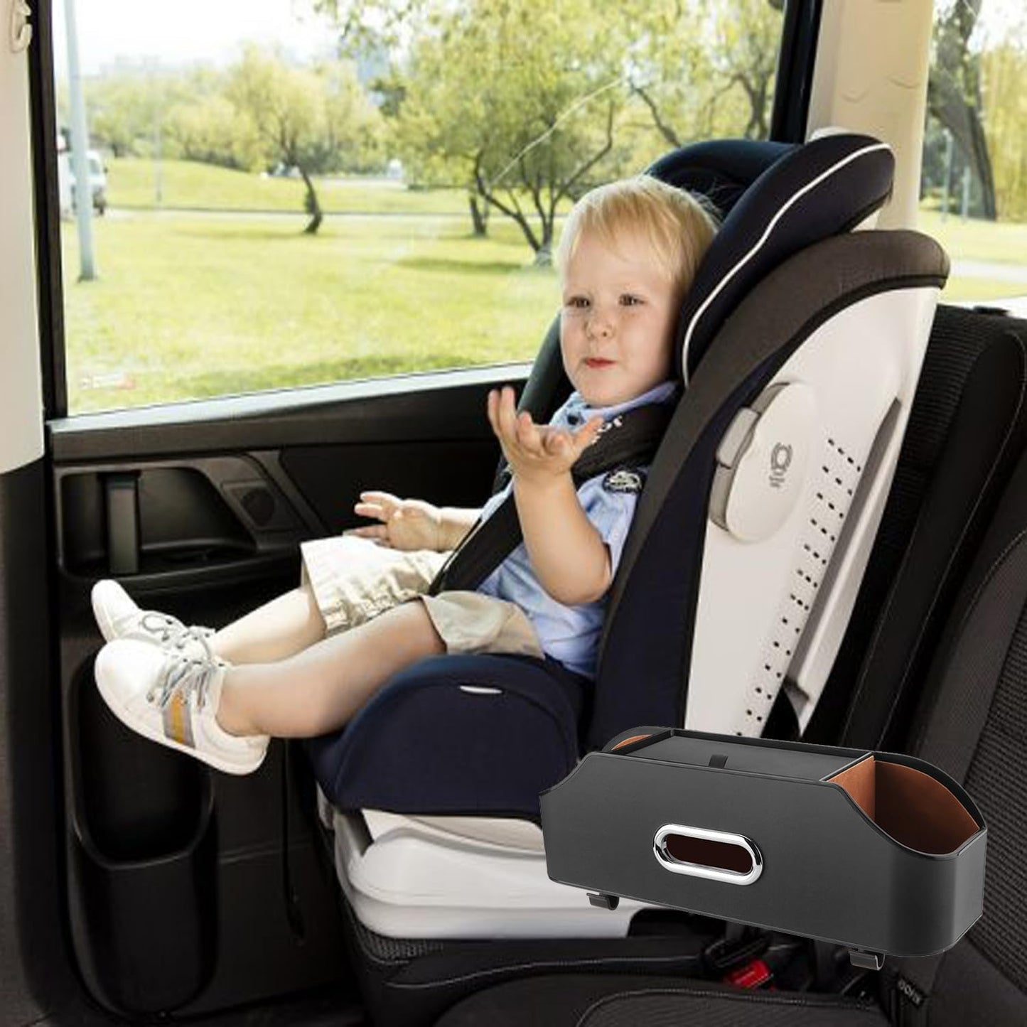 Car Back Seat Organizer with 2 Drink Cup Holder and Tissue Box, Headrest Hanging Storage Box with Hooks and Phone Holder, Multi-Functional Storage for Kids and Travel. (Black)