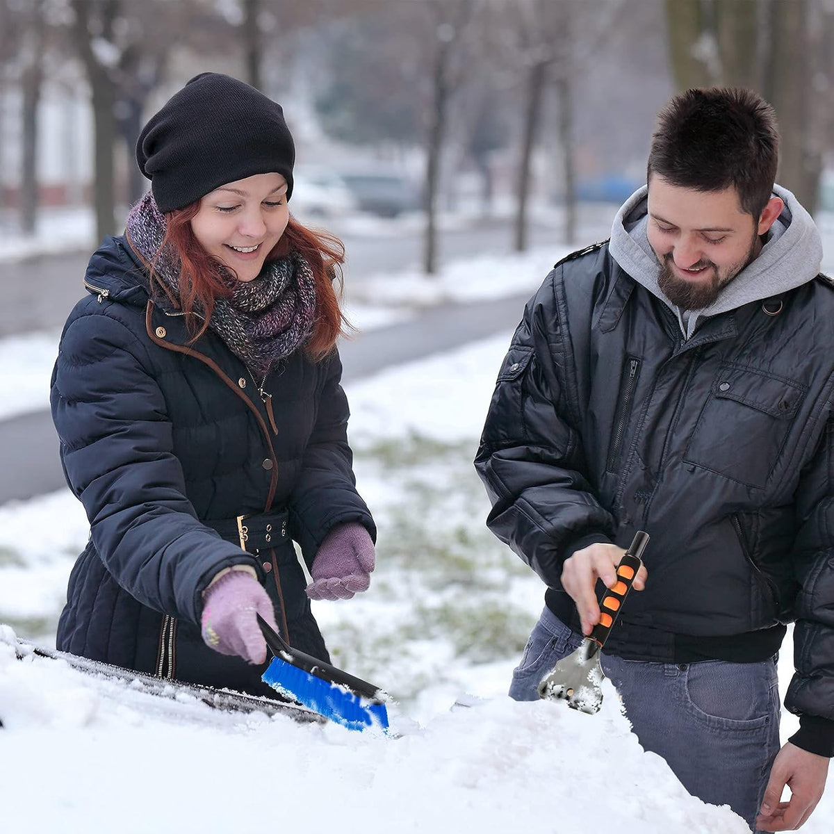 Nuenen 3 Pcs Snow Brush and Ice Scrapers for Car Detachable with Foam Grip Detachable Bristle Snow Mover Ice Scraper No Scratch for Winter Cars Windshield Trucks SUV, Green Orange Blue