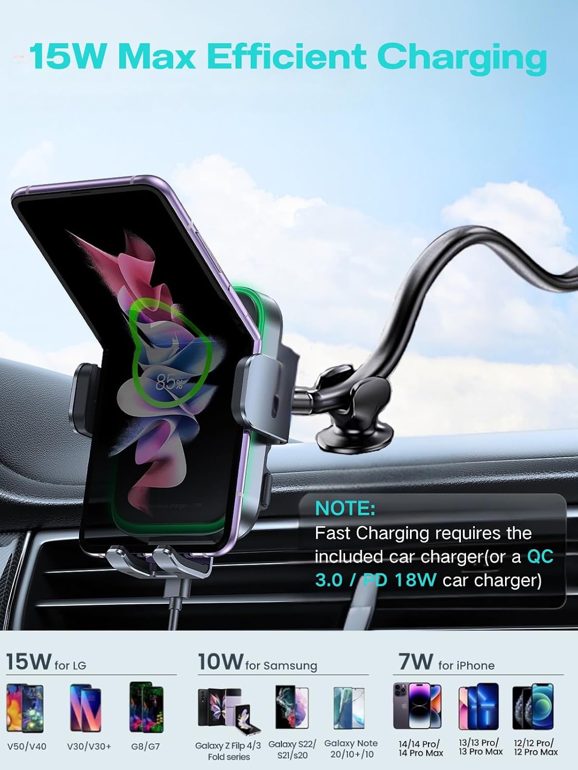APPS2Car 15W Wireless Car Charger Phone Holder, Dual Coil, Auto Clamping