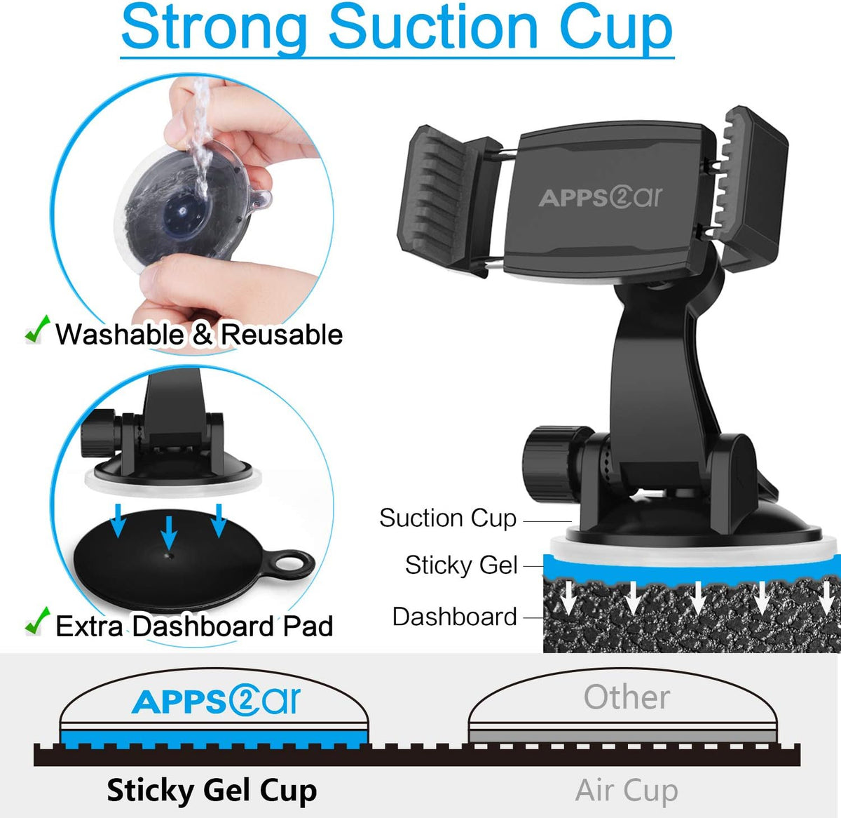 APPS2Car Suction Cup Phone Holder for Car with Adjustable Arm, Low Profile Dashboard Phone Mount Compact Windshield Window Dash Mobile Stand Compatible w/All iPhone and Android Cell Phones