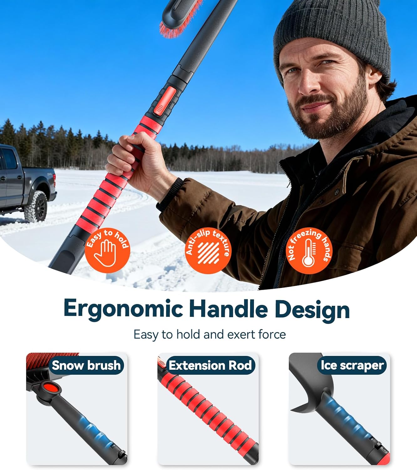 TrySpace All-Around High-Efficiency Cleaning 39 inch Extendable Snow Brush and Ice Scraper with Squeegee, Ice Scrapers for Car Windshield, Truck, SUV Snow Removal Tool, Winter Car Accessories