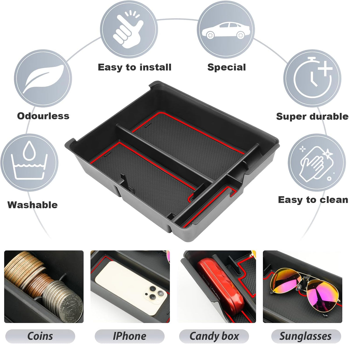 SKTU for 2025 2026 Honda Pilot Center Console Organizer 2023-2026 Pilot/ 2024-2026 Passport Armrest Tray 2025 2026 Passport Console Tray 2025 2026 Pilot Accessories with Sunglasses Holder (Red)
