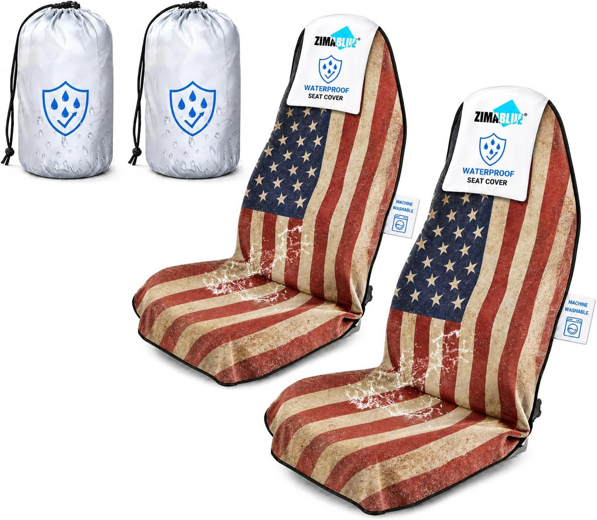 ZIMABLUE 2-Pack American Flag Waterproof Car Seat Covers, Universal Fit