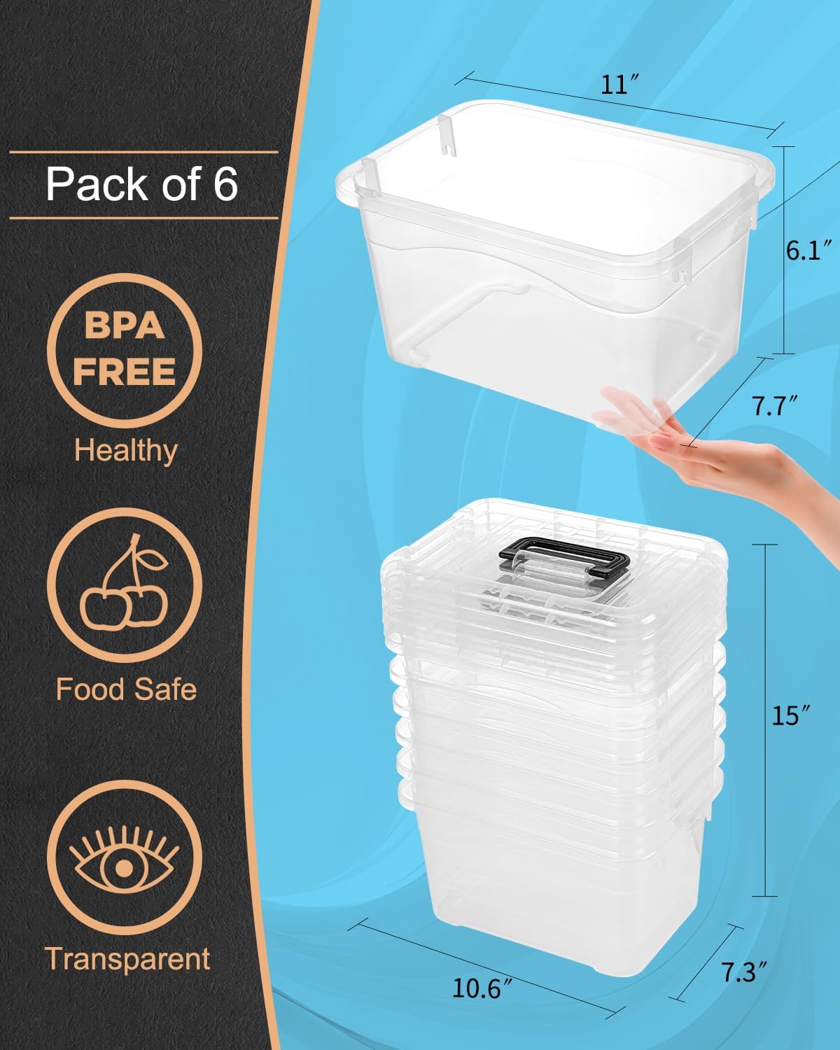 EOENVIVS Plastic Storage Bins with Lids 6 Packs, 7 Quart Storage Organizer Bins with Buckle-Up Latches and Handle, Stackable Storage Containers for Home Pantry Office Classroom Organization, Clear