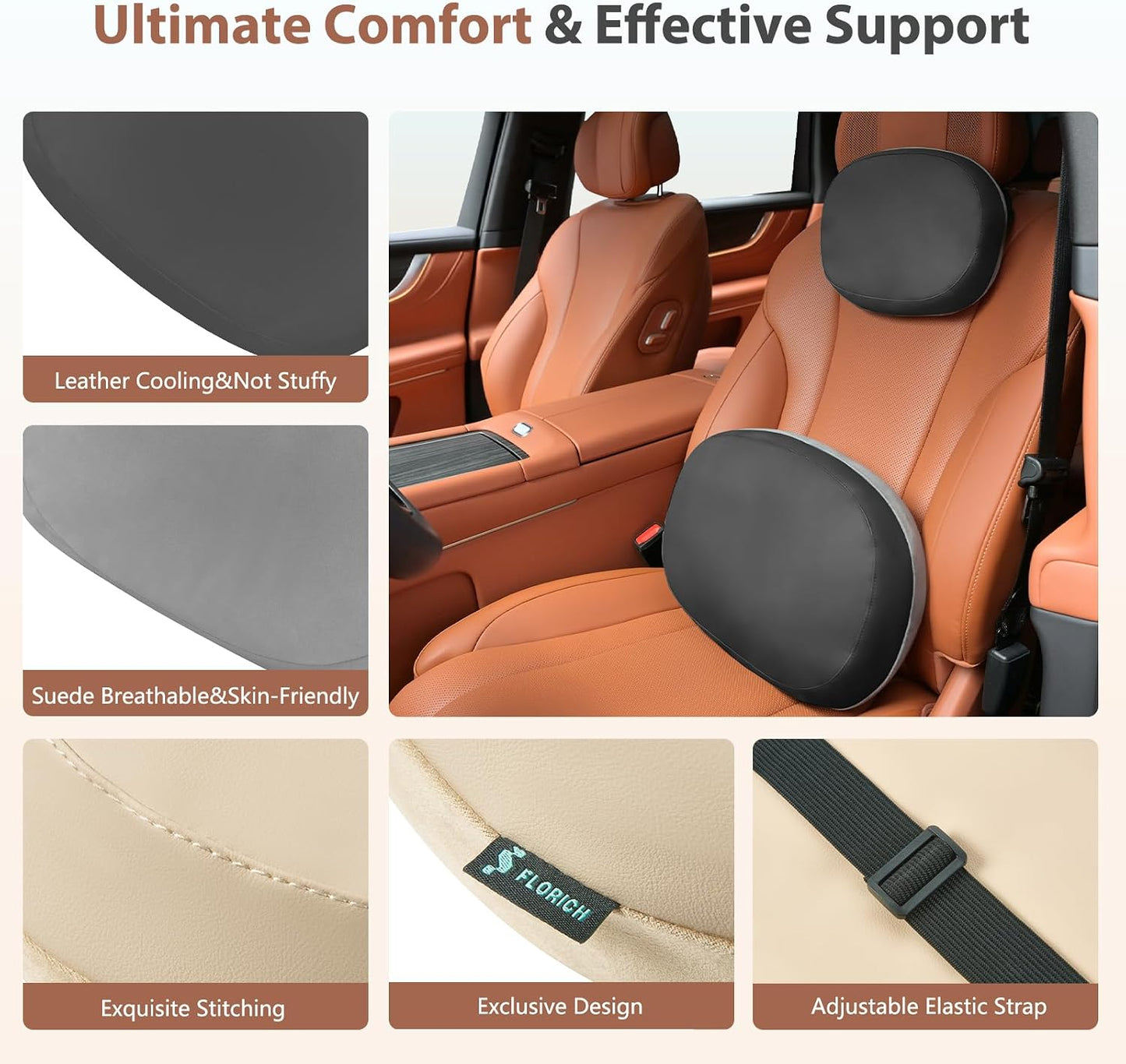 FLORICH Car Headrest and Lumbar Support Pillow for Car Office Chair, Double-Sided Skin-Friendly Suede & Leather Car Seat Pillow and Back Support, Pressure-Relieving Back Support for Car, Office Chair
