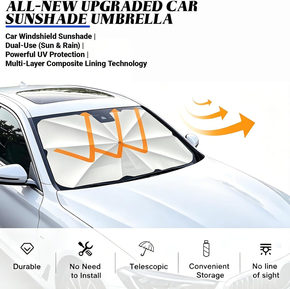 Windshield Sun Shade Umbrella, Foldable Car Sunshade, Ice Crystal Cooling Coating Car Sunshade & Heat Shield, UPF 50+ UV Protection, Spring-Enhanced Frame for Most Sedans SUVs (55"x31")