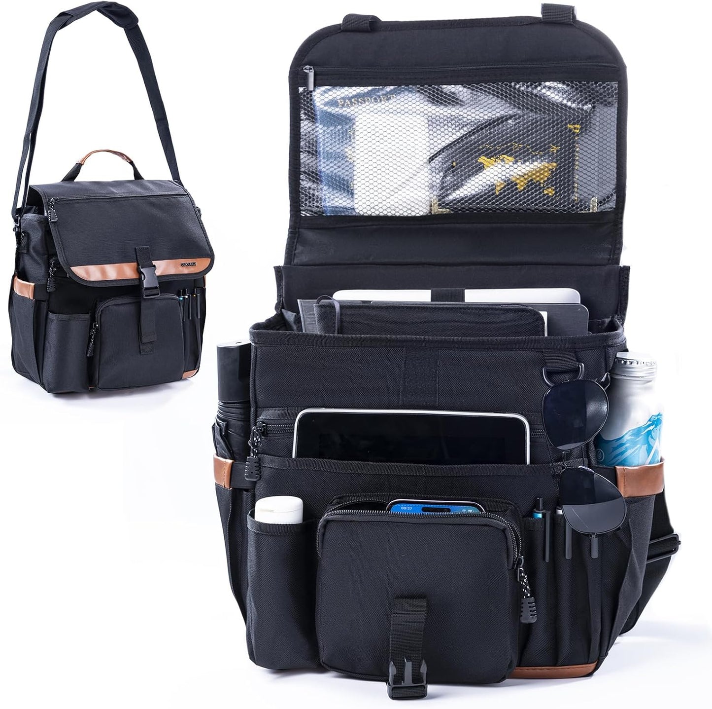 Car Seat Organizer with Laptop Compartment (Fits 15.6"), Front & Backseat Passenger Organizer with Adjustable Strap, Multiple Pockets, Portable Office Bag, Water-Resistant 1200D Polyester