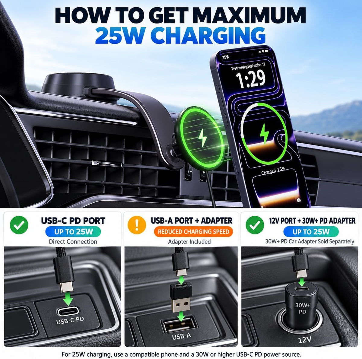 Upgrade for Qi2.2 25W for MagSafe Wireless Car Charger Mount, Space Black