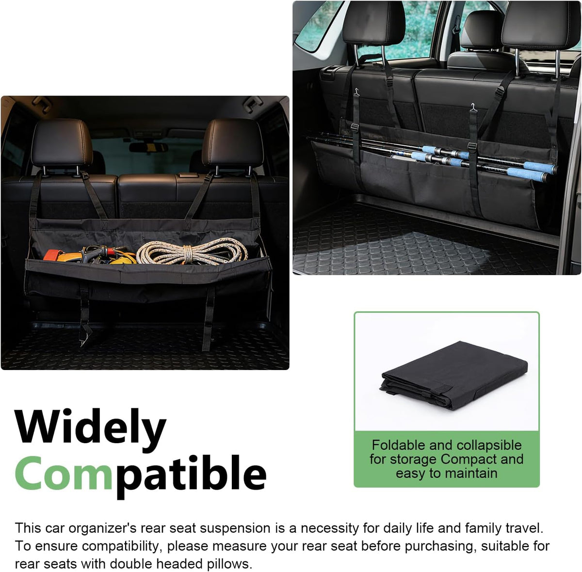 Car Trunk Organizer, Hanging Backseat Storage Bag with Adjustable Straps, Waterproof Oxford Fabric Collapsible Back Seat Organizer, Universal for Most Cars, Trucks, SUVs, Van (Black)