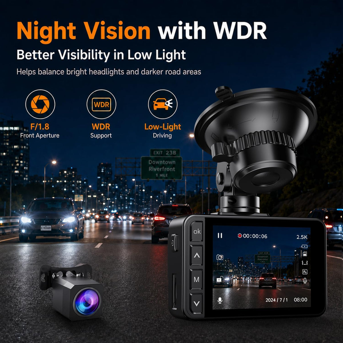 Dash Cam Front and Rear, 2.5K+1080P Dual Camera for Cars, 2" IPS Screen