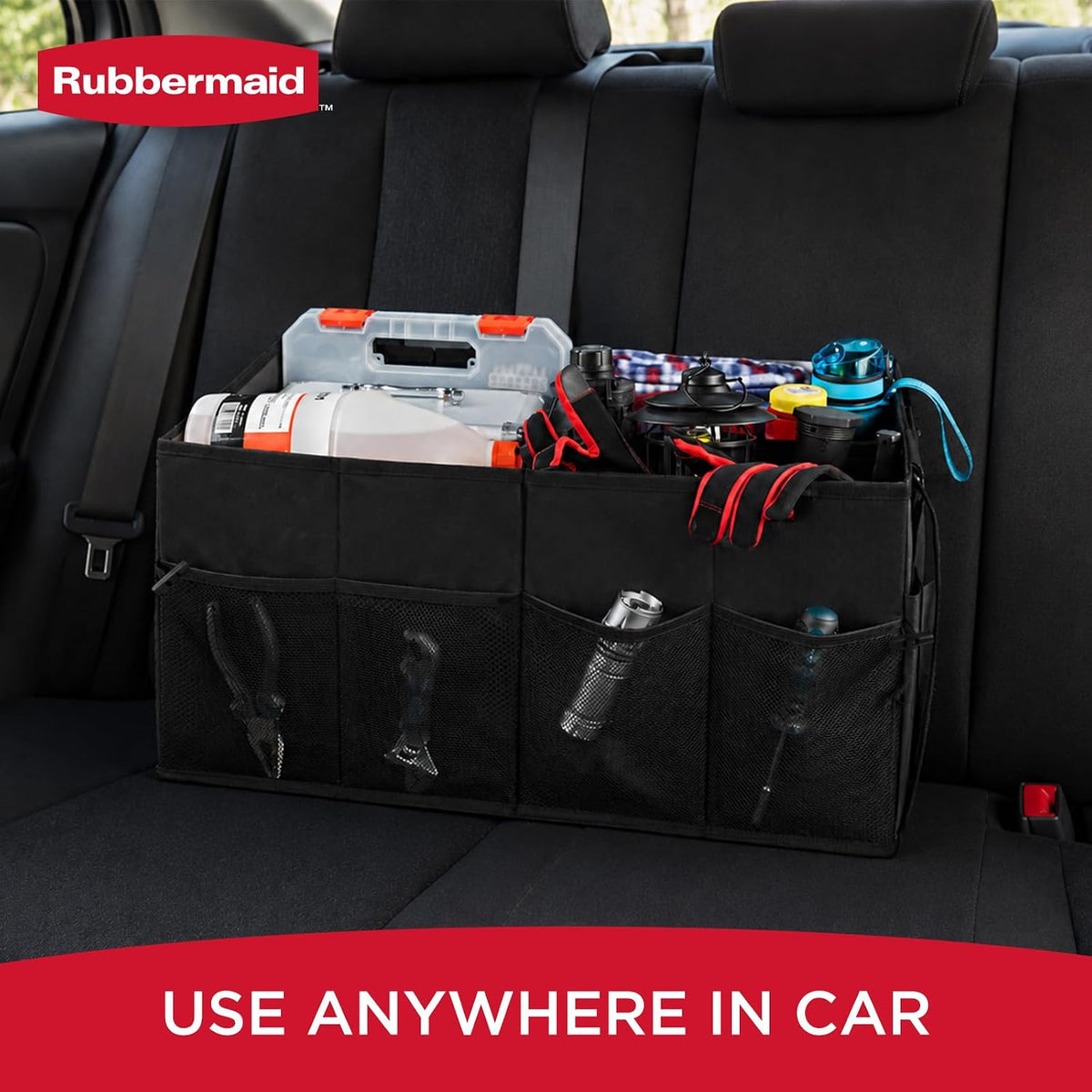 Rubbermaid Car Organizer, Collapsible Trunk Organizer, Multi-Compartment Car Storage Organization for Car Accessories, 2 Compartments-Black