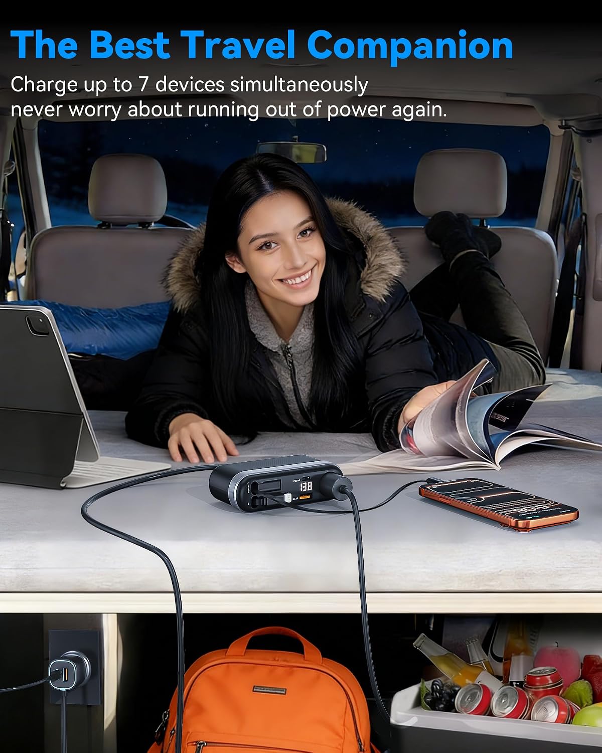 Estbuc 7-in-1 295W Retractable Car Charger Adapter, Fast Charging USB C Car Accessories with Cigarette Lighter Splitter, 45W Type-C & 30W Lightning Cables,4 USB Ports, Road Trip Tech Gifts for Men/Dad