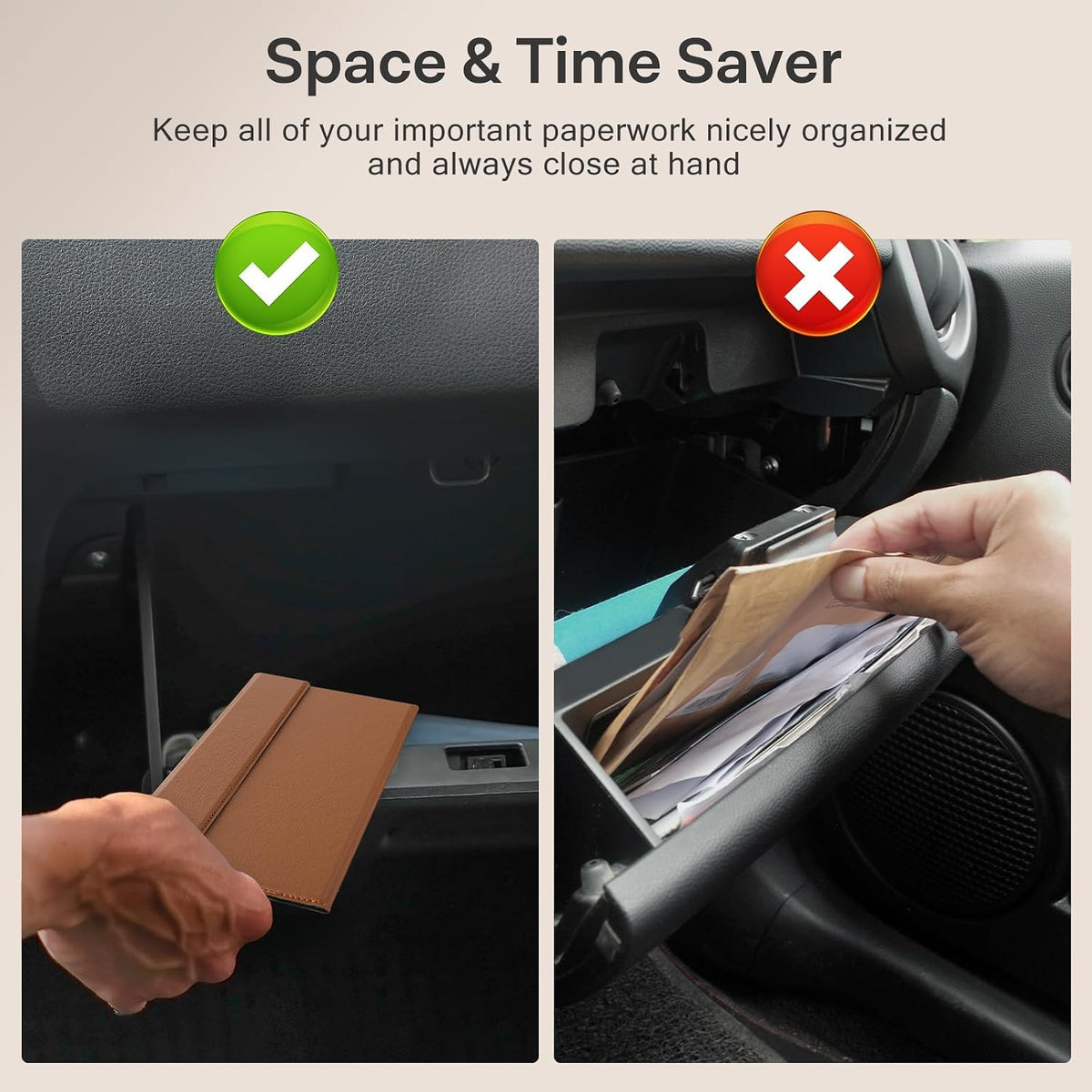 CoBak Leather Car Registration and Insurance Holder with Magnetic Compartment - Vehicle Glove Box Organizer for Driver License, Cards, Emergency Cash - Auto Truck Accessories Case, Lychee Brown