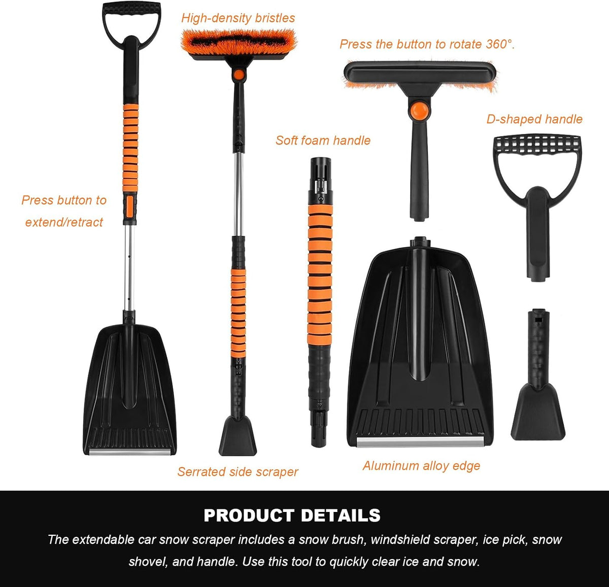 Ice Scraper and Snow Brush for Car, 5-in-1 Extendable Snow Removal Tool with Ergonomic Foam Grip, Detachable 180° Pivoting Brush Ice Shovel for Car Truck SUV Windshield