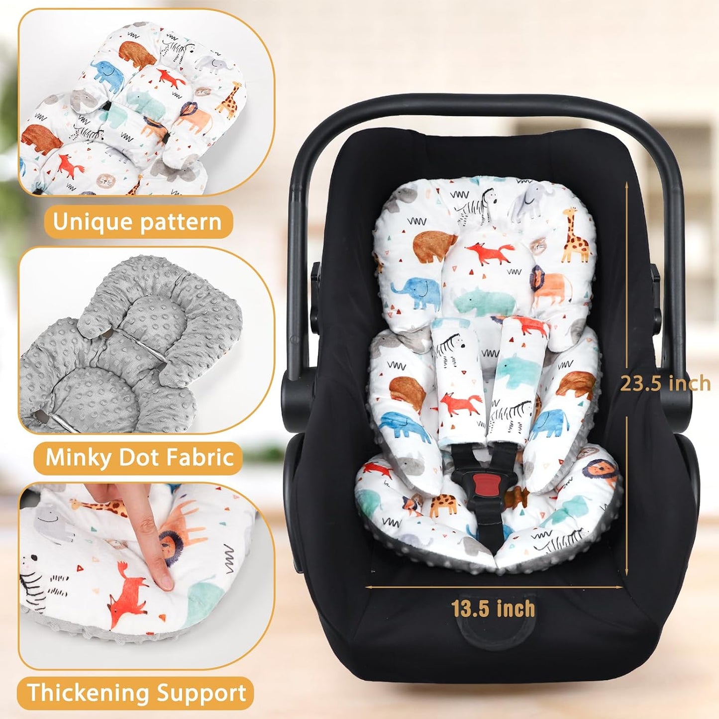 Infant Car Seat Insert, Car Seat Head Support Baby with 2 Covers, Ultra-Soft Newborn Carseat Insert, Perfect for Car Seat, Stroller, Swing, Animals