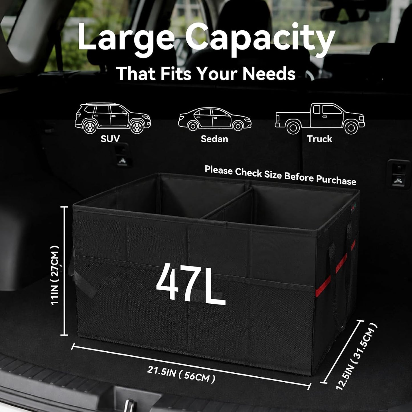 PAT SAM'S Car Trunk Organizer for SUV, Foldable Collapsible Storage Organizer with Dividers, Non-Slip Waterproof 600D Oxford, Backseat & Trunk Storage for Groceries, Tools, Toys (Black)