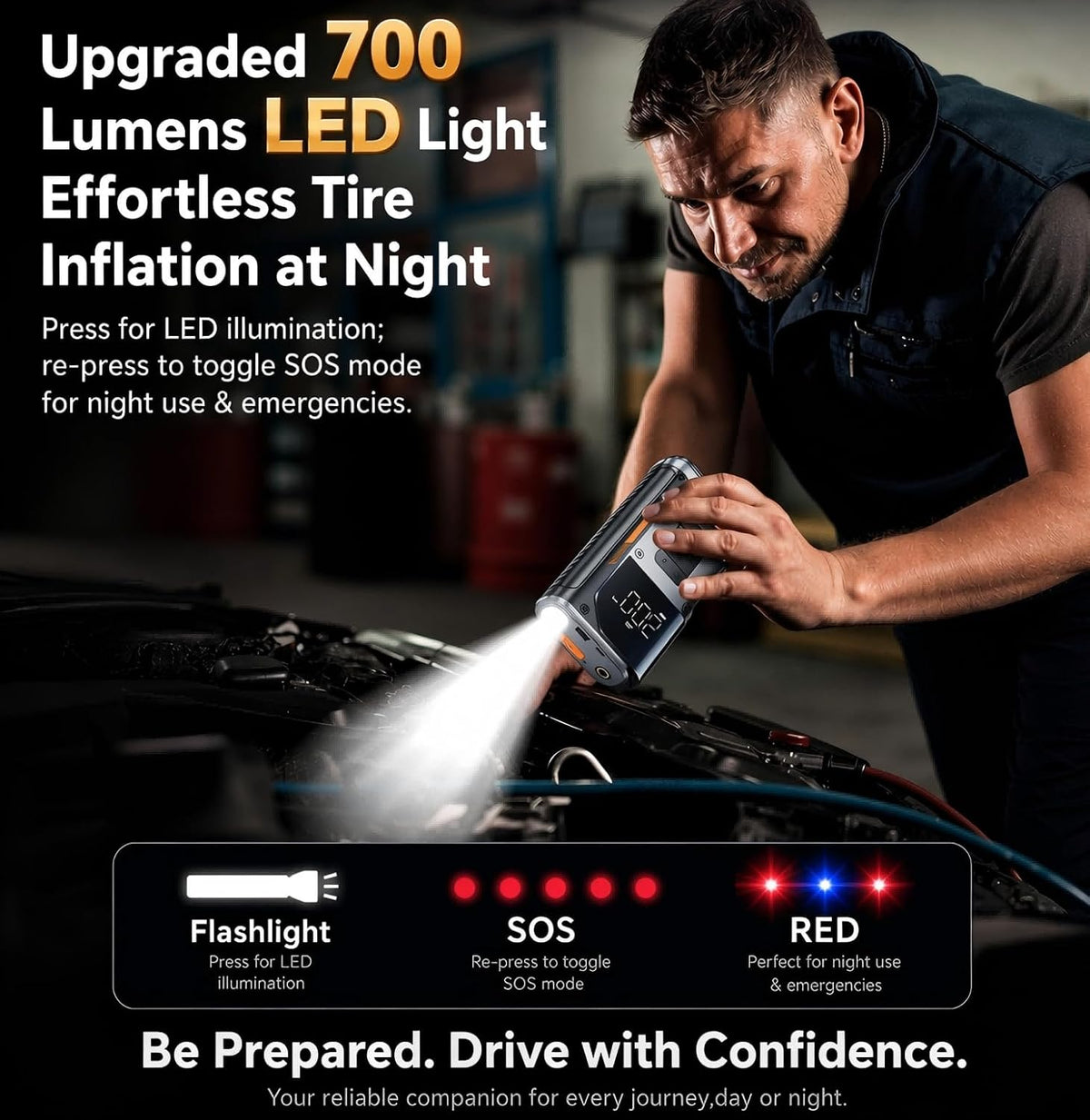 [2026NEW] 5000A Peak Portable Car Jump Starter with 150PSI Air Compressor