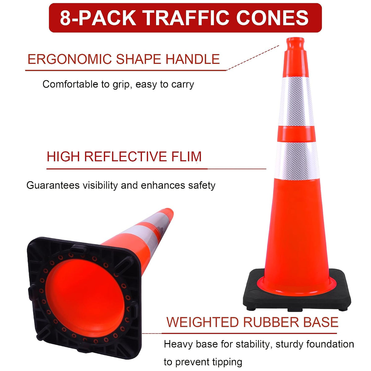 OrangeStar 28 Inch Orange Traffic Cones 8-Pack, Heavy Duty PVC Safety Cones