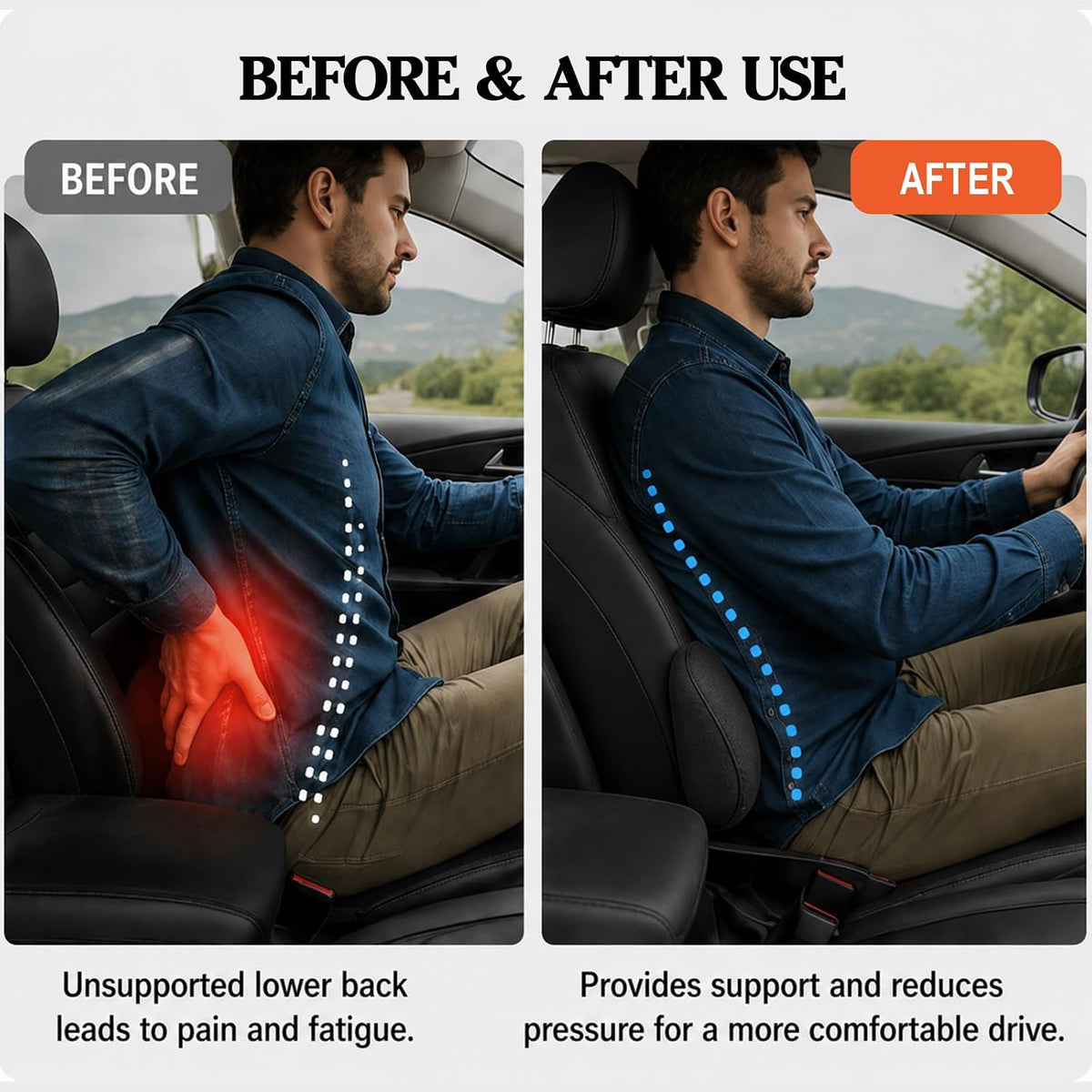 Car Lumbar Support Pillow, Memory Foam Vehicle Seat Lower Back Support Cushion,Comfortable Lumbar Pillow for Driving, Office Chair, Wheelchair, Universal for SUV, Truck, RV (Black)