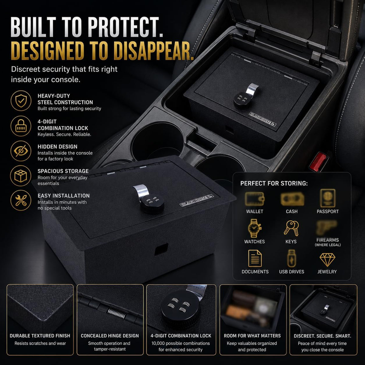Black Horse Center Console Safe Black Compatible with 2015-2020 Chevrolet Suburban|2015-2020 Chevrolet Tahoe|2015-2020 GMC Yukon|2015-2020 GMC Yukon XL-ASGM05