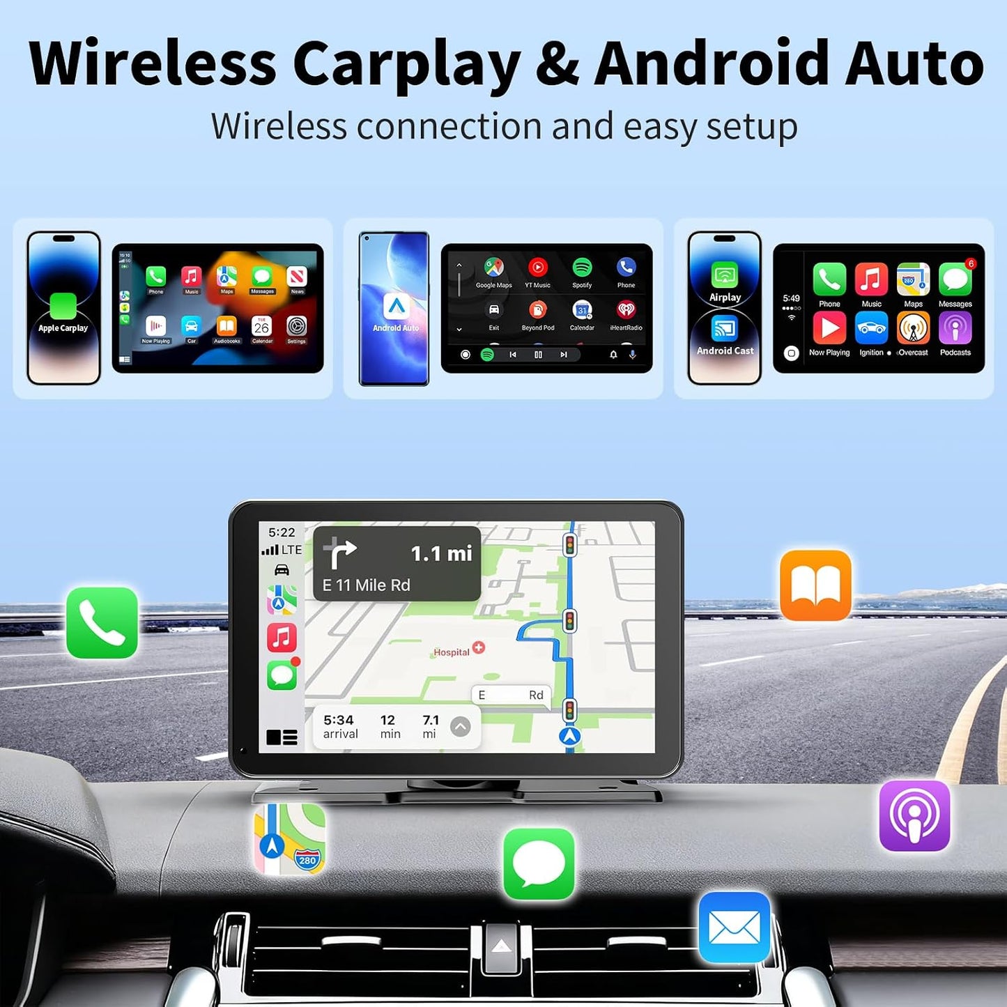 CarPlay Screen for Car, 9'' Wireless CarPlay & Android Auto - Smart Portable Touchscreen with Bluetooth/FM, Mirror Link, Voice Control, GPS Navigation, Hands-Free Calling, Plug & Play Car Play Screen