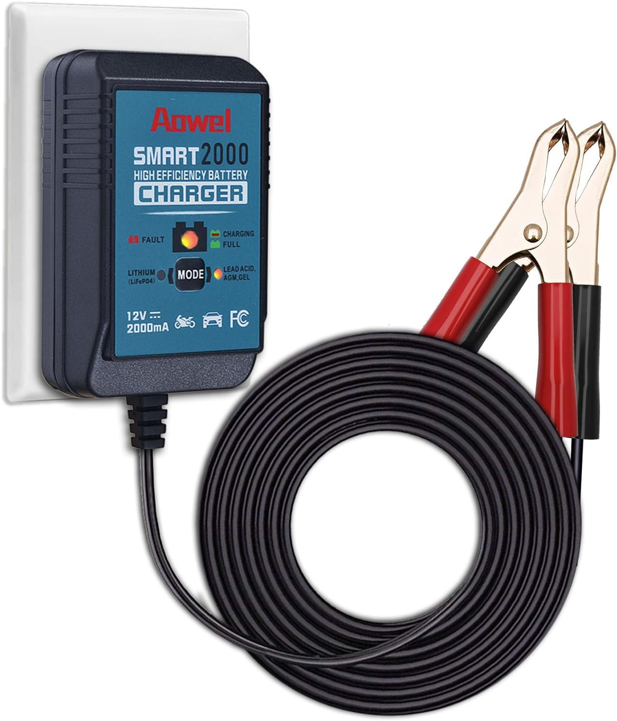 Aowel 2A 12V Smart Battery Charger, Trickle Charger & Maintainer for Car, Motorcycle, ATVs and More