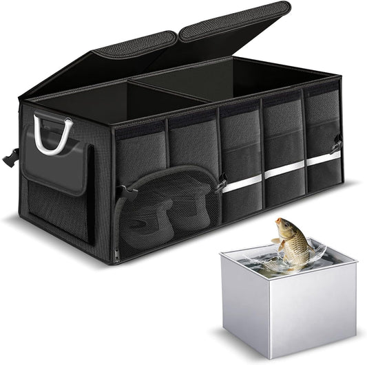 92L Large Collapsible Trunk SUV Organizer with Cover | 1680D Oxford Car Cargo Storage with Dividers, 4 Mesh Pockets, Reflective Strip, and Waterproof bag for Groceries and Wet Gear
