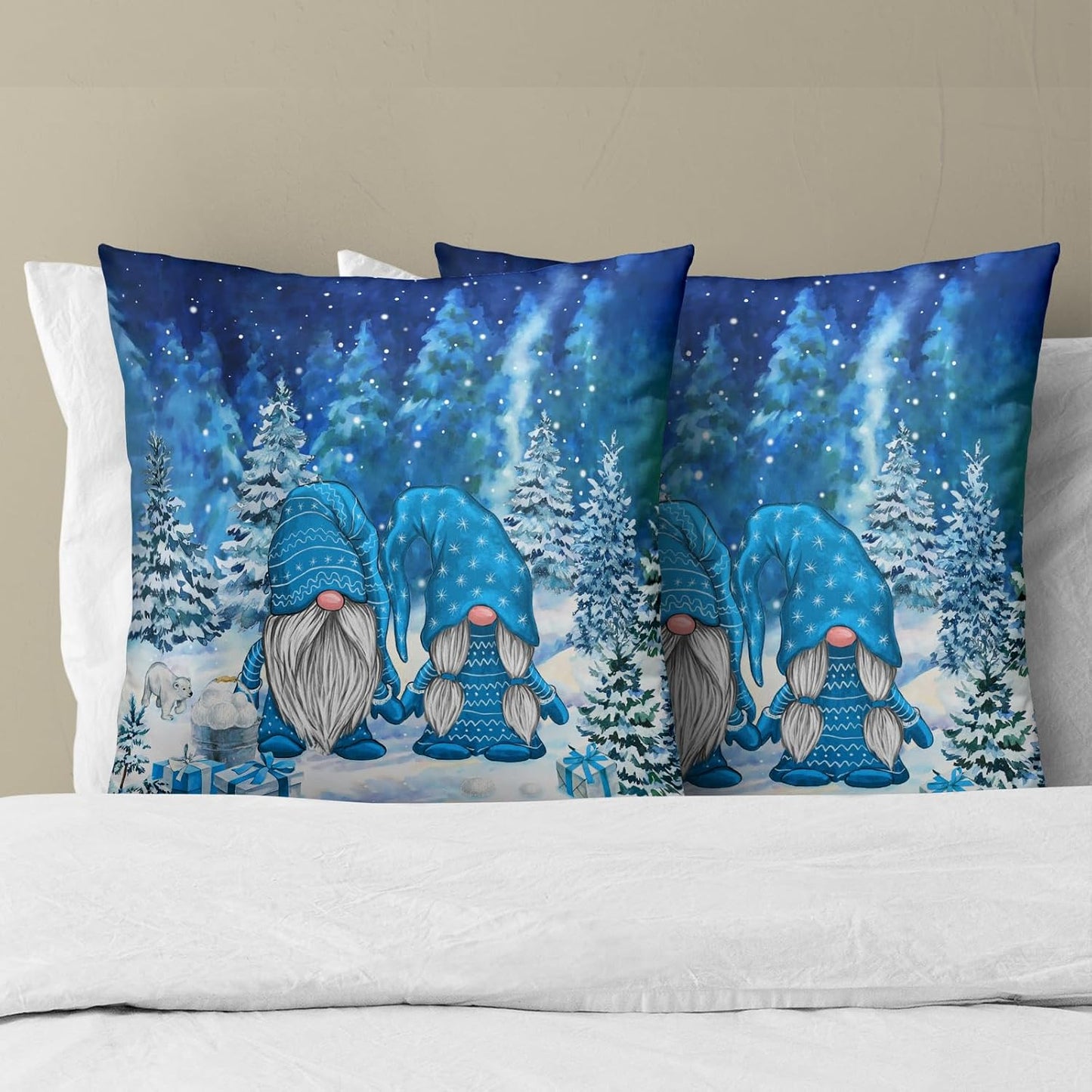 Giwawa Winter Blue Gnome Throw Pillow Covers 18x18 Inch Pine Tree Pillowcases Set of 2 Square Seasonal Cushion Cases for Bed Couch Car Home Decor