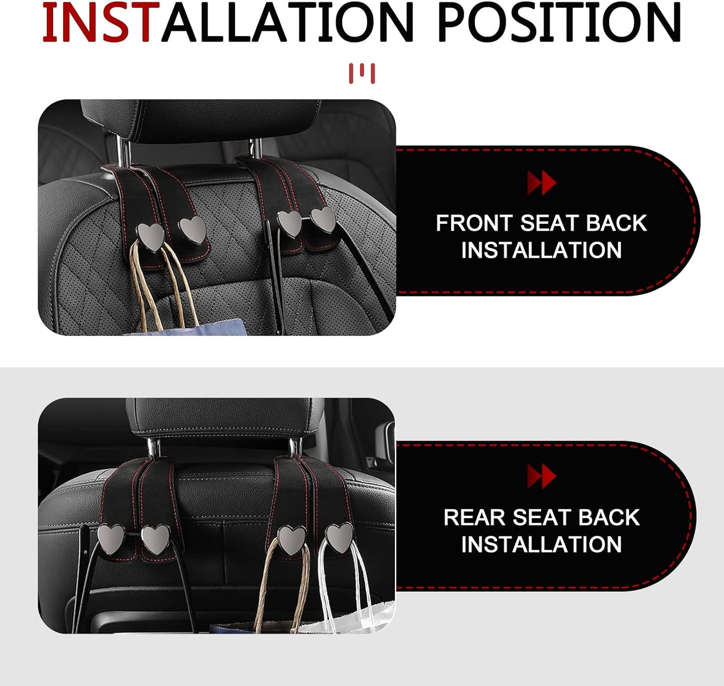 Car Hooks for Headrest, Luxurious Leather & Metal Multifunctional Anti-Slip Vehicle Hooks - Holds Bags, Umbrella, Wallet, Glasses | Universal Car Interior Storage Organizer (Black)