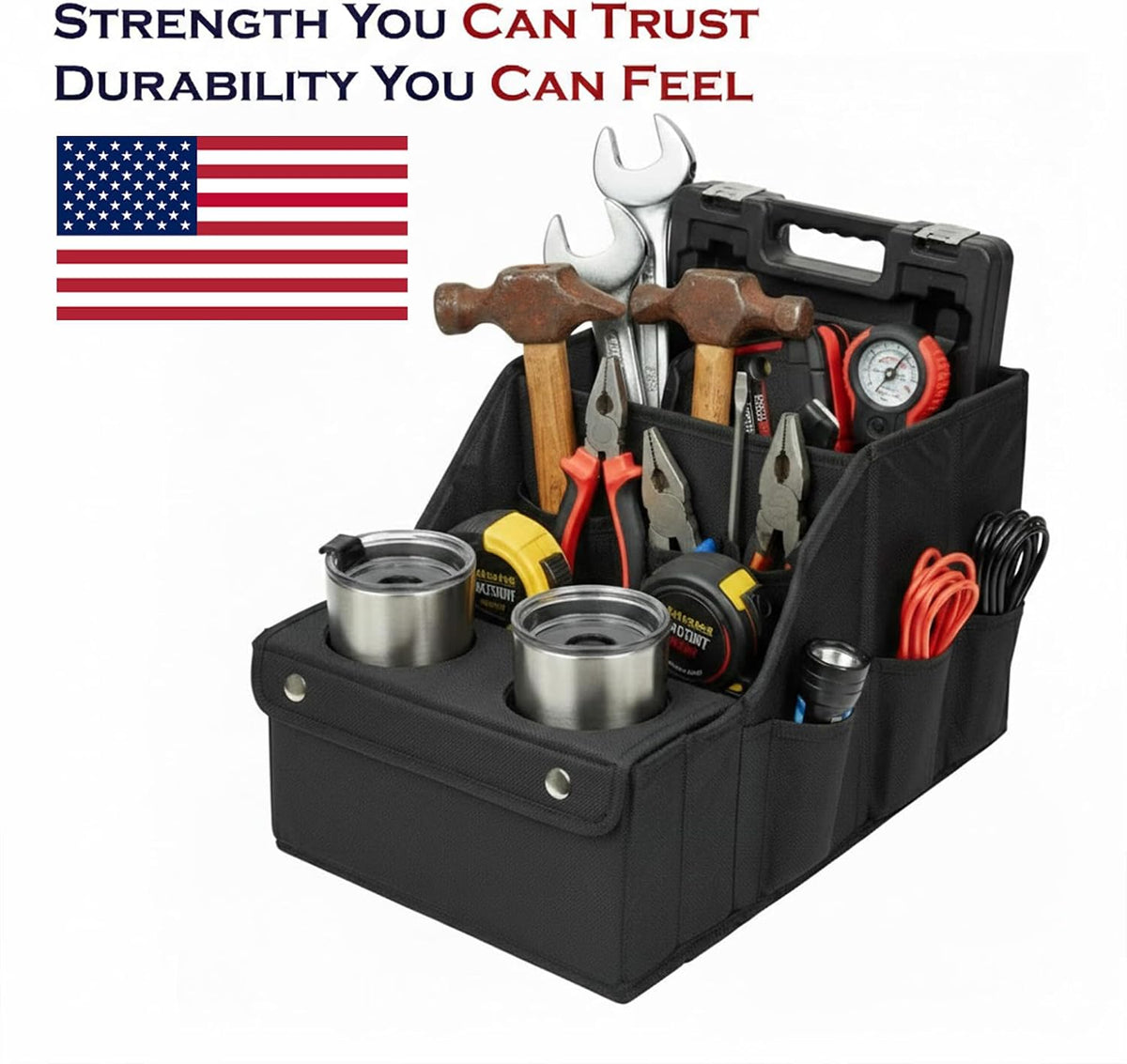 Heavy Duty Back Seat Car Organizer with 11 Adjustable Storage Compartments and 2 Collapsible Cup Holders - Car Seat Organizer for Kids, Travel, Camping & Household Storage