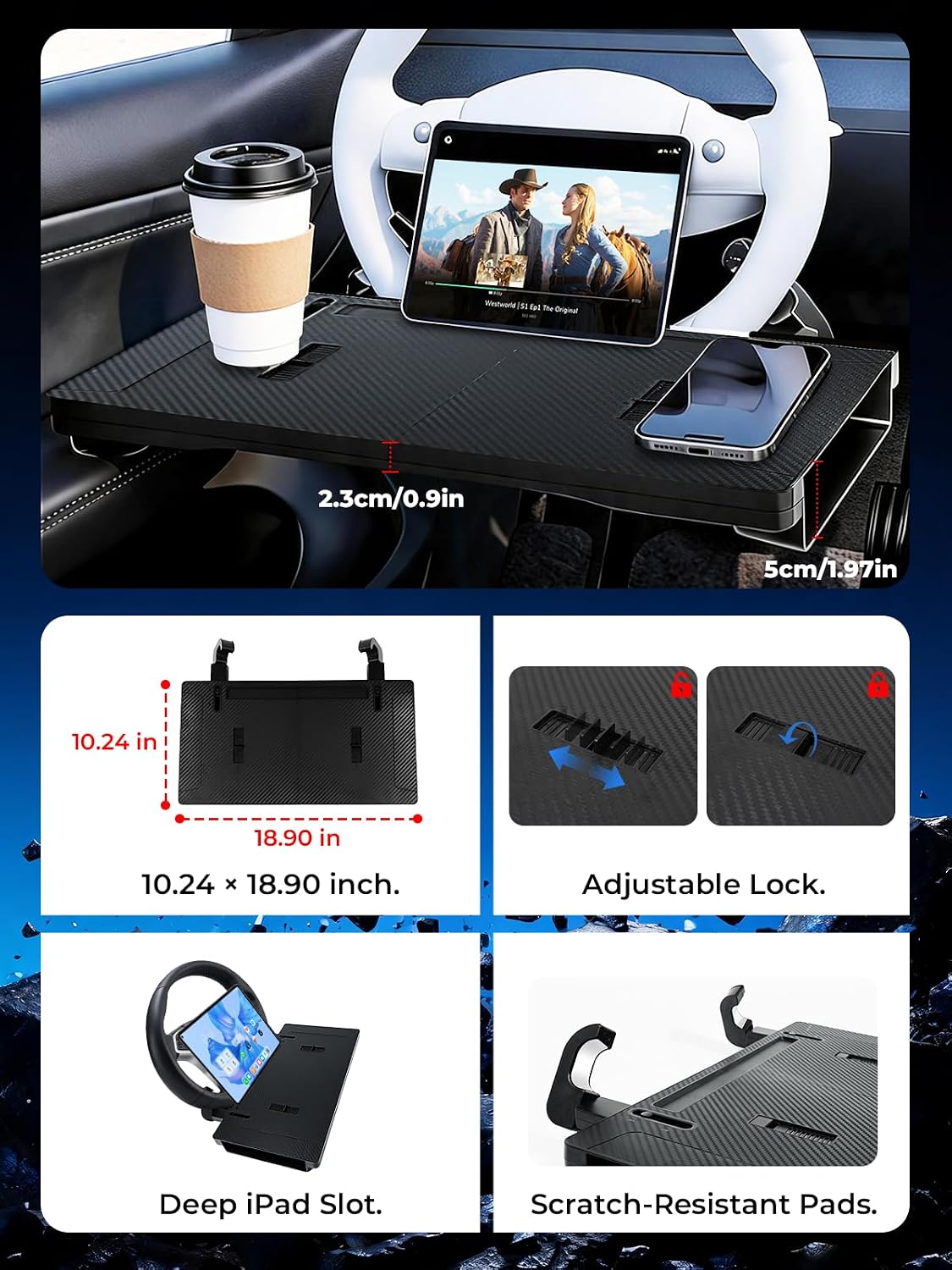 Steering Wheel Tray for Laptop & Eating, Adjustable Car Desk