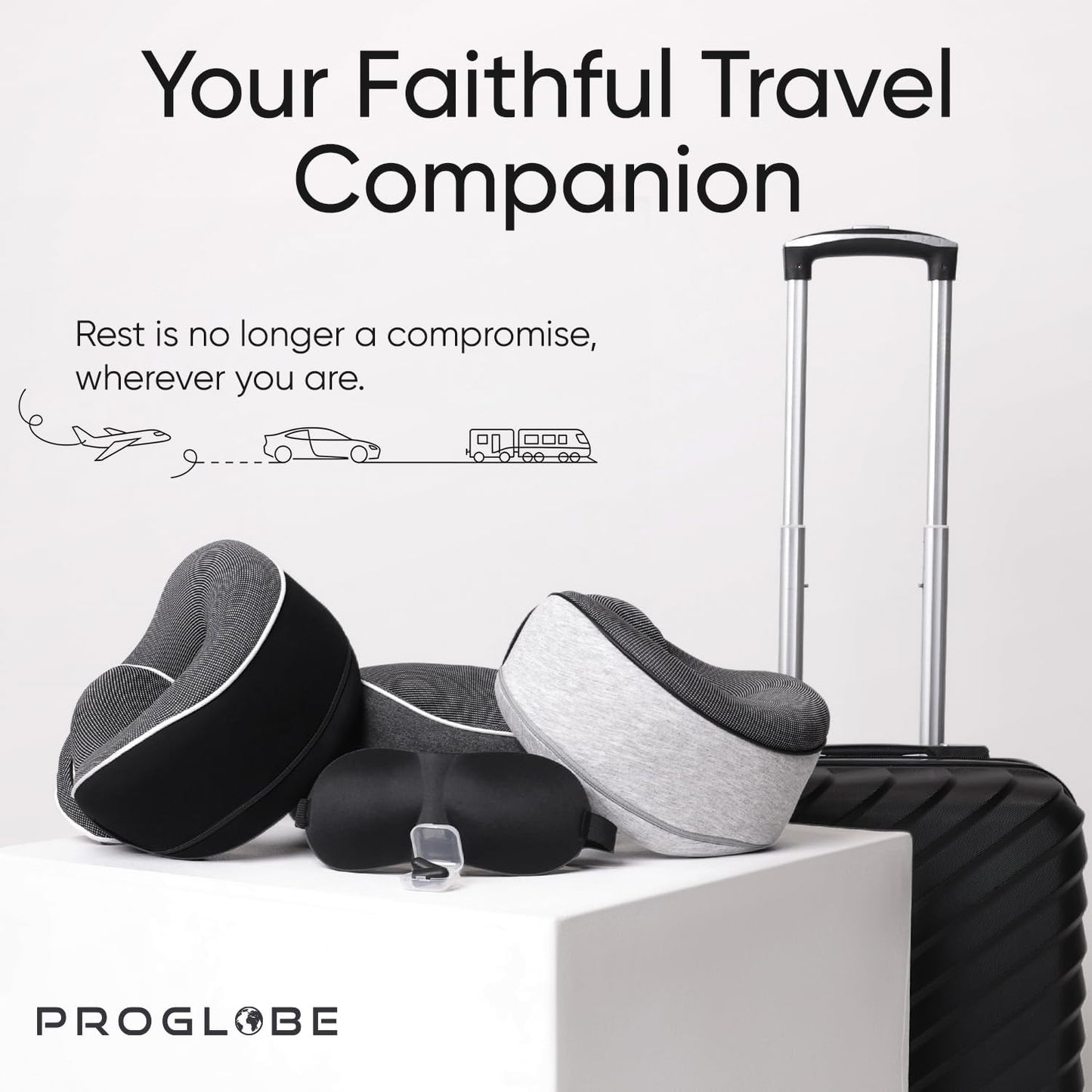 Proglobe Orthopedic Neck Pillow, Travel Neck Pillows for Airplanes, Memory Foam Kit, 360° Head Support, Airplane Pillow Set with 3D Contoured Eye Masks, Earplugs, and Luxury Mesh Bag (Black)