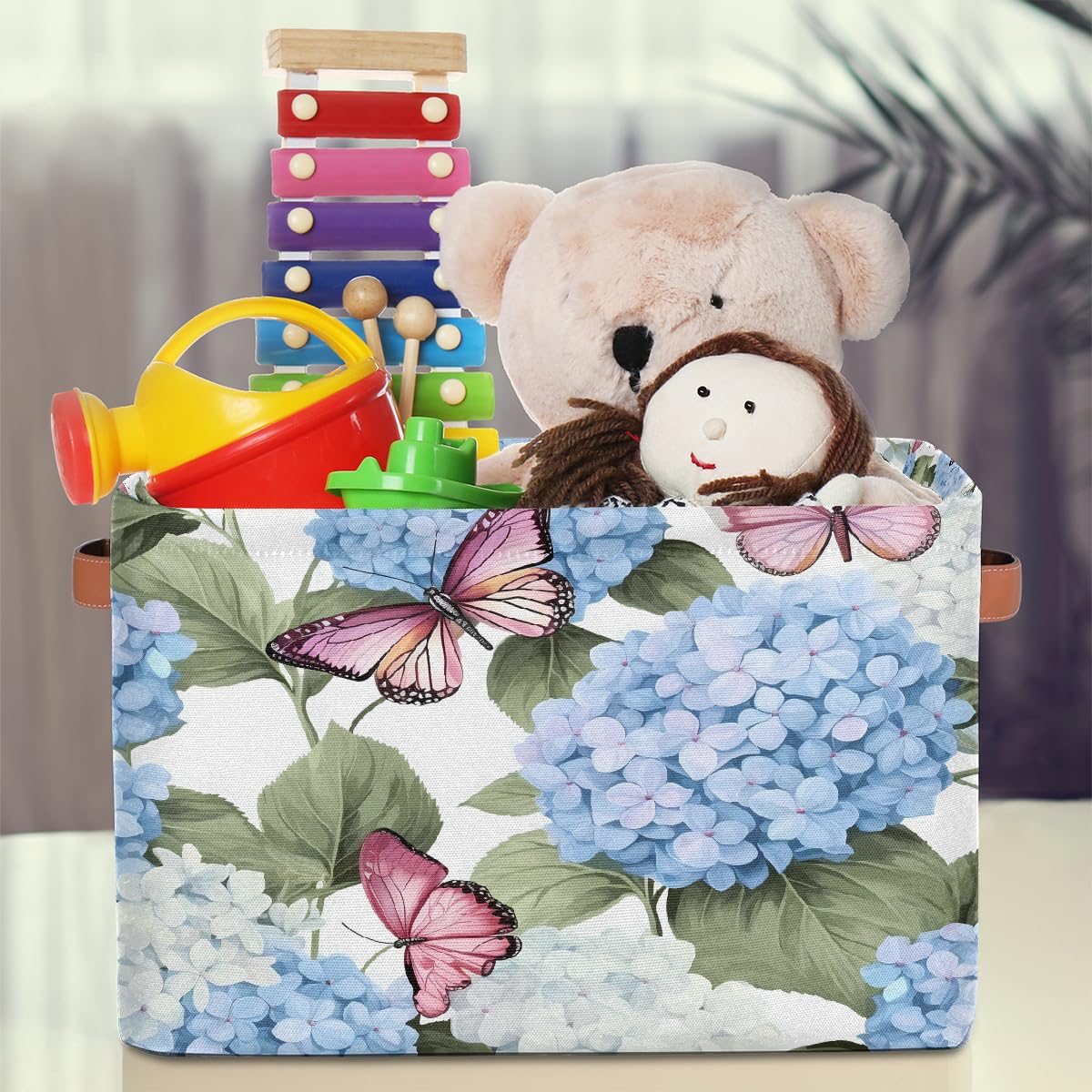 Blue Hydrangea Flowers Storage Baskets for Organizing, Fabric Collapsible Storage Bins Box Pink Butterfly Decorative Toy Organizer Baskets for Closet Shelves Gift Basket 1 Pc