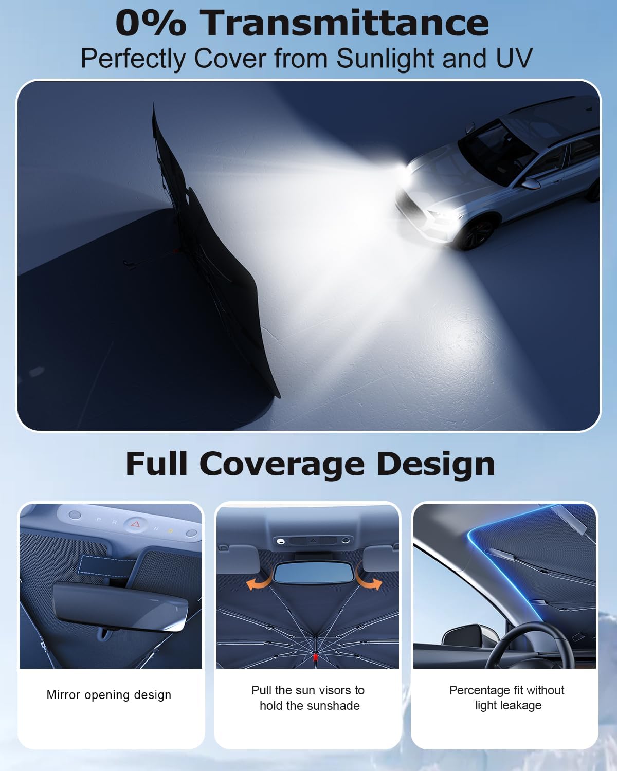 DMJN Umbrella Windshield Sun Shade for Car & SUV, Car Sunshade for Front Windshield [Nano Ice-Crystal Coatings] UPF50+ Heat & UV Block, Protect Interior & Keep Cooler Universal for Most of Sedan & SUV