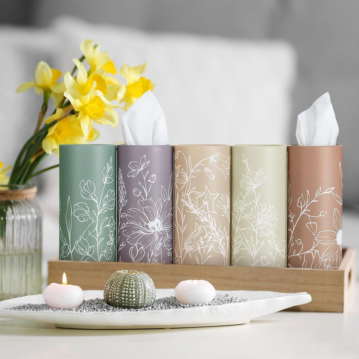 Fourluoo 12 Pack Flower Line Art Tissue Boxes for Car Cylinder Bulk Colorful Floral Round Cylinder Holder with 3 Ply Facial Tissues for Spring Summer Travel Bathroom Office Decoration