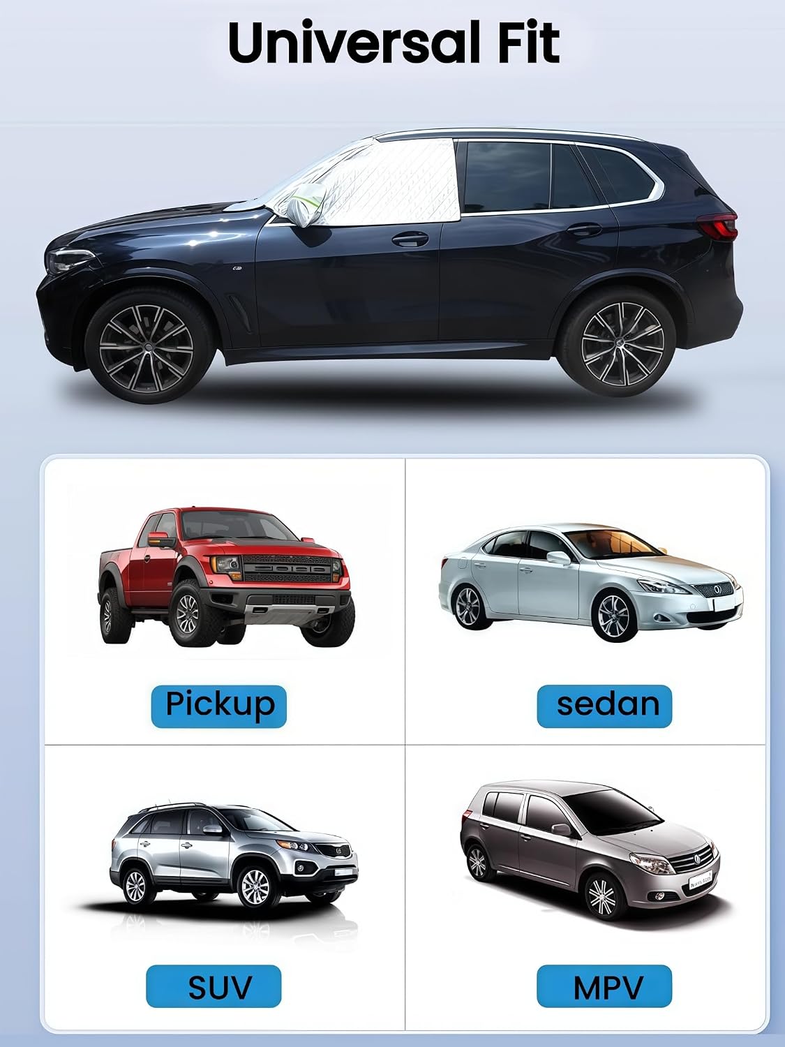 Thickened Full Windshield + Side Window Coverage ，Winter Car Windshield Snow Ice Cover Waterproof,Windshield Sun Shade Cover All Season Universal Protection for Cars, SUVs, Trucks,Minivans.