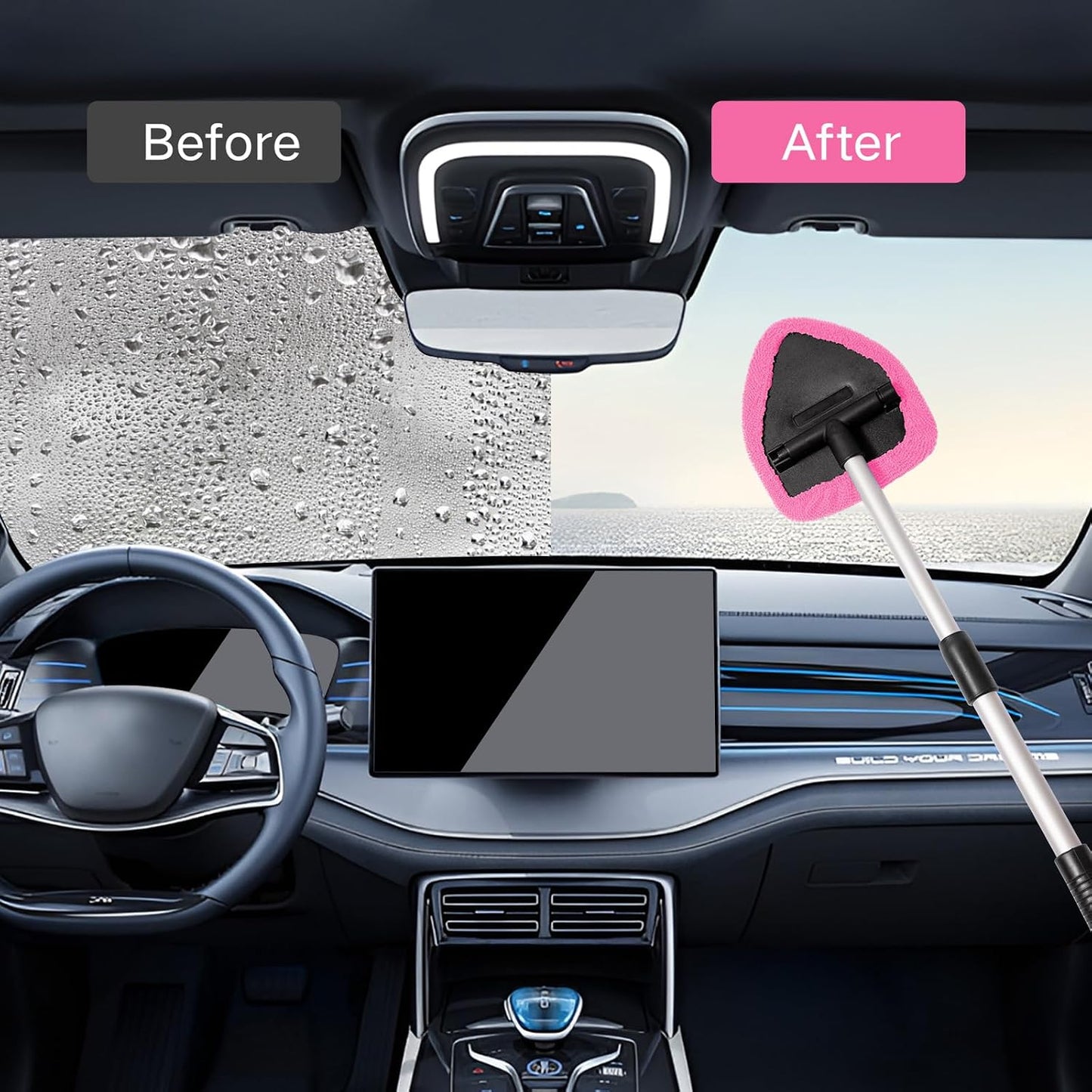 Qydipclin 10pcs Windshield Cleaning Tool Inside Car Window Cleaner Wash Kit with 4 Reusable Microfiber Pads 1 Spray Bottle and Extendable Handle Interior Auto Glass Wiper Kit, Pink