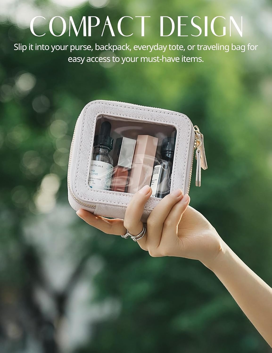 Popvibe Clear Makeup Bag Travel Cosmetic Case Transparent Toiletry Bag with Zipper, Portable Make Up Organizer Traveling Compact Car Bag for Essentials, Light Pink, Mini