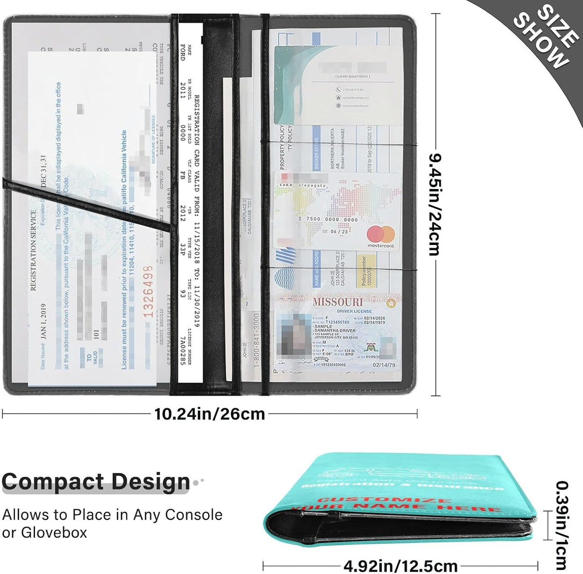 Custom Car Registration and Insurance Card Holder Personalized Leather Glove Box Organize Men Women Wallet Accessories Case for Cards, Essential Document Driver License Turquoise