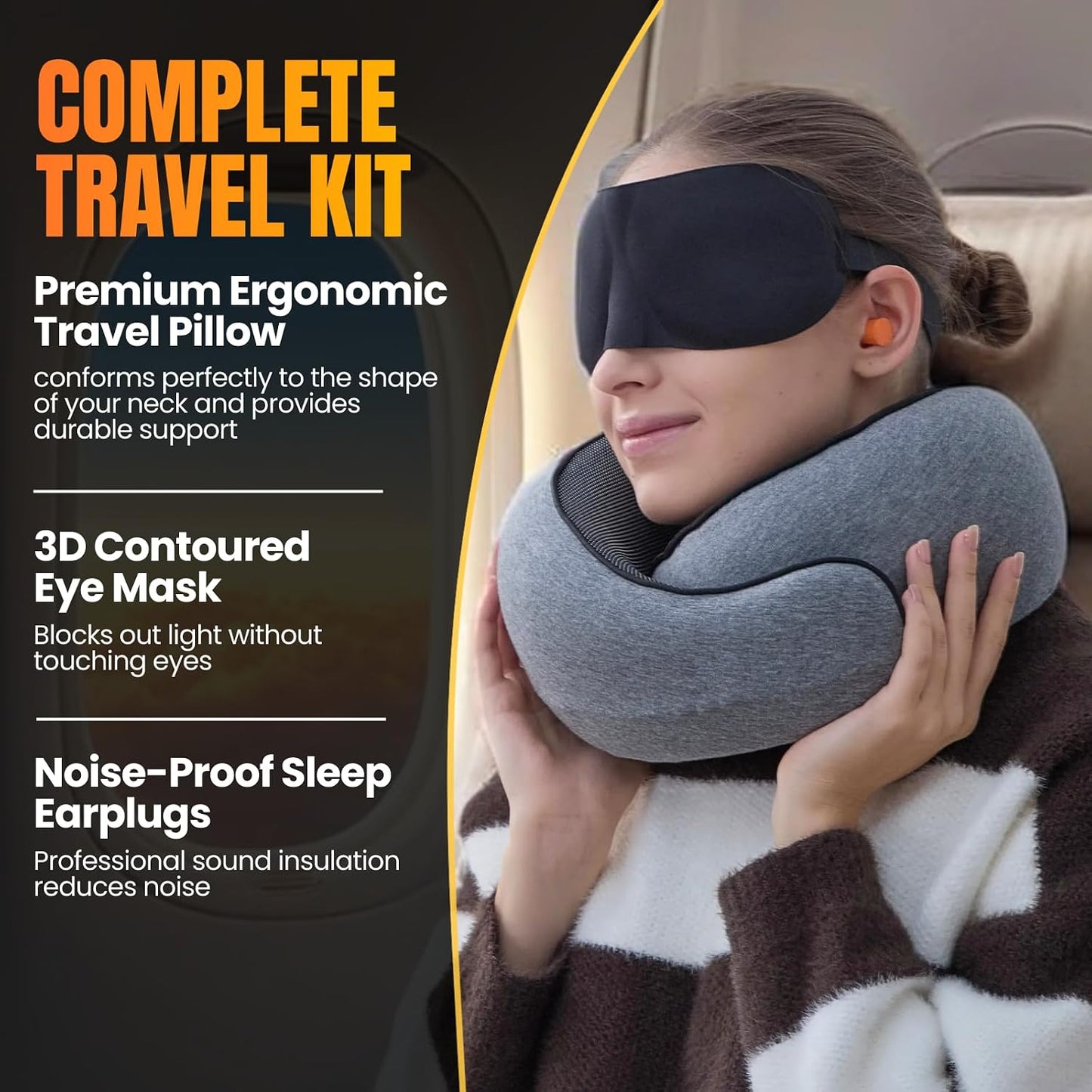 LOEXAIR™ Travel Pillow, Neck Pillow Travel for Airplane, Car - 100% Cotton Fabric & Memory Foam Plane Pillow, Lightweight & Easy-to-Carry on Flight, Full Travel Set (Eye Mask, Earplugs) - Light Grey